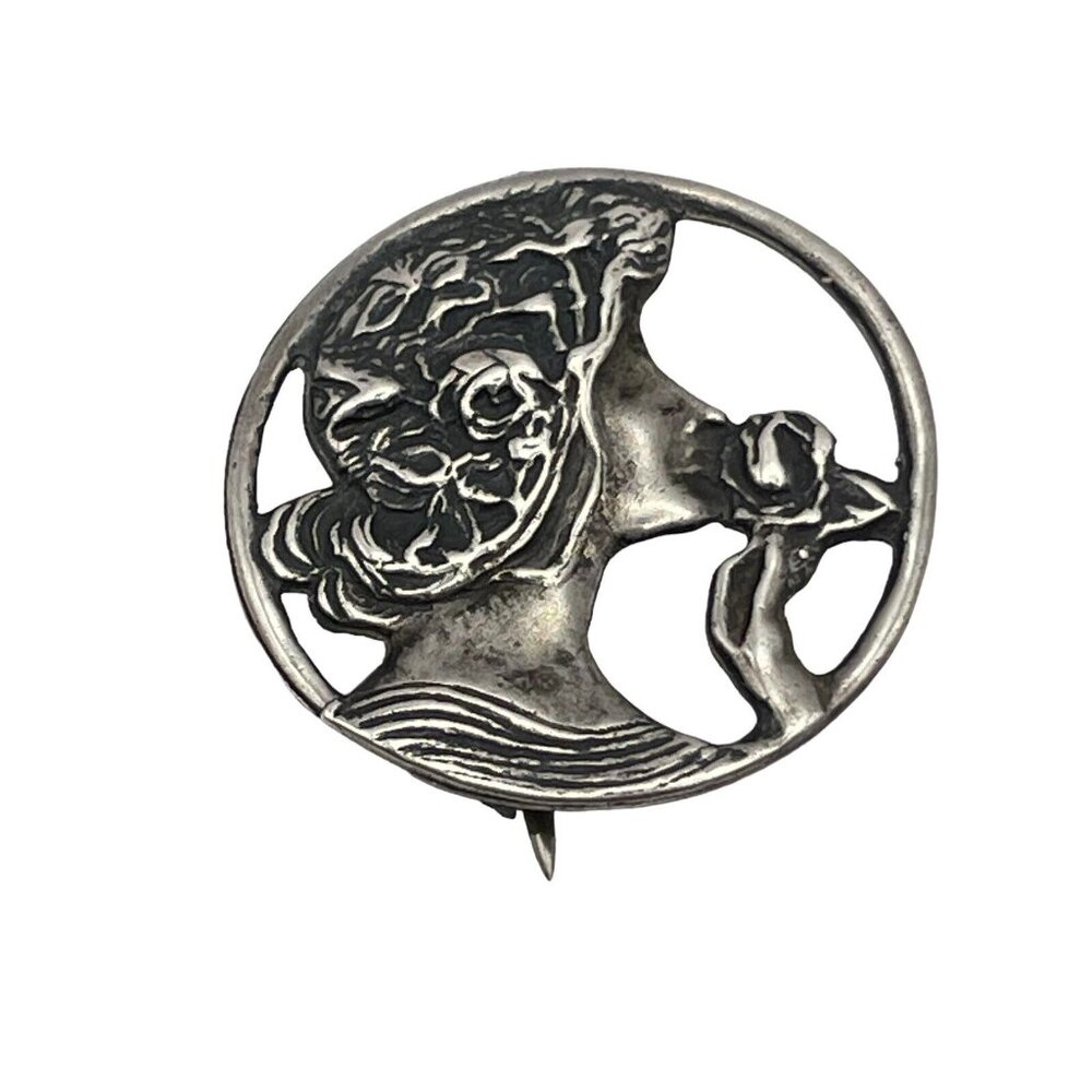 VTG Art Deco Nouveau Style Goddess Women Flower 925 Silver Brooch Pendant READ